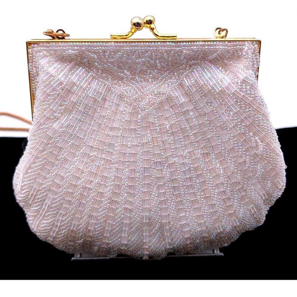 Carla Marchi Beaded Shell Clutch Bag Iridescent White Gold Tone Vintage Style
